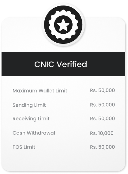 CNIC Verified account limits: wallet, sending, receiving and POS limits Rs. 50,000; cash withdrawal Rs. 10,000